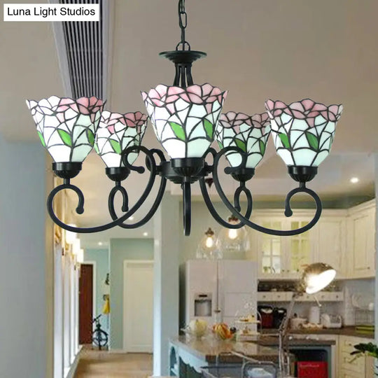 Rustic Floral Chandelier Stained Glass Pendant Lighting In Pink/Blue For Living Room Decor Pink