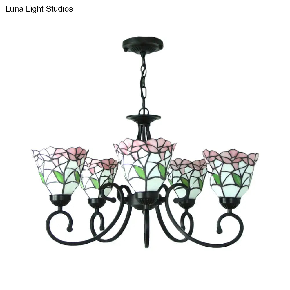 Rustic Floral Stained Glass Chandelier - Pink/Blue Multi-Light Pendant For Living Room