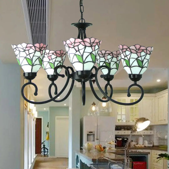 Rustic Floral Stained Glass Chandelier - Pink/Blue Multi-Light Pendant For Living Room Pink