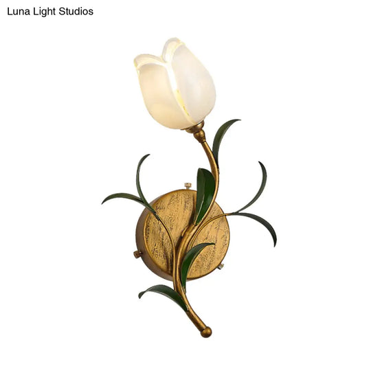 Rustic Floral Wall Sconce Light: Brass 1-Head Lamp With White/Yellow Glass Perfect For Living Room