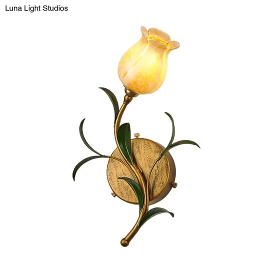 Rustic Floral Wall Sconce Light: Brass 1-Head Lamp With White/Yellow Glass Perfect For Living Room