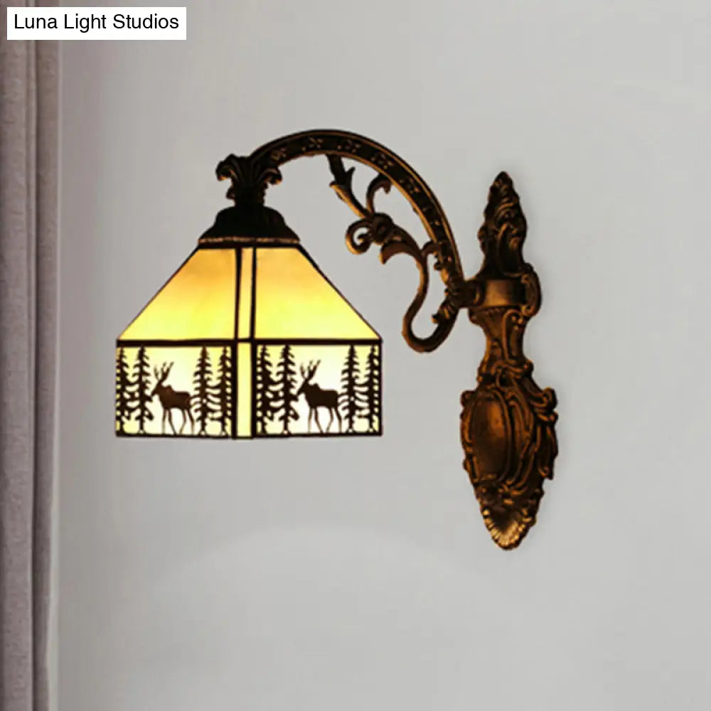 Rustic Forest Deer Wall Light With Lodge Shade - 1 Tiffany Sconce In Beige Ideal For Hotels