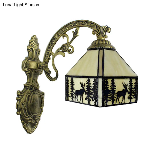 Rustic Forest Deer Wall Light With Lodge Shade - 1 Tiffany Sconce In Beige Ideal For Hotels