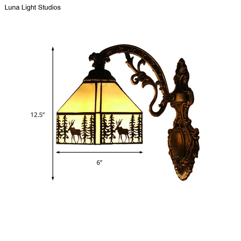 Rustic Forest Deer Wall Light With Lodge Shade - 1 Tiffany Sconce In Beige Ideal For Hotels