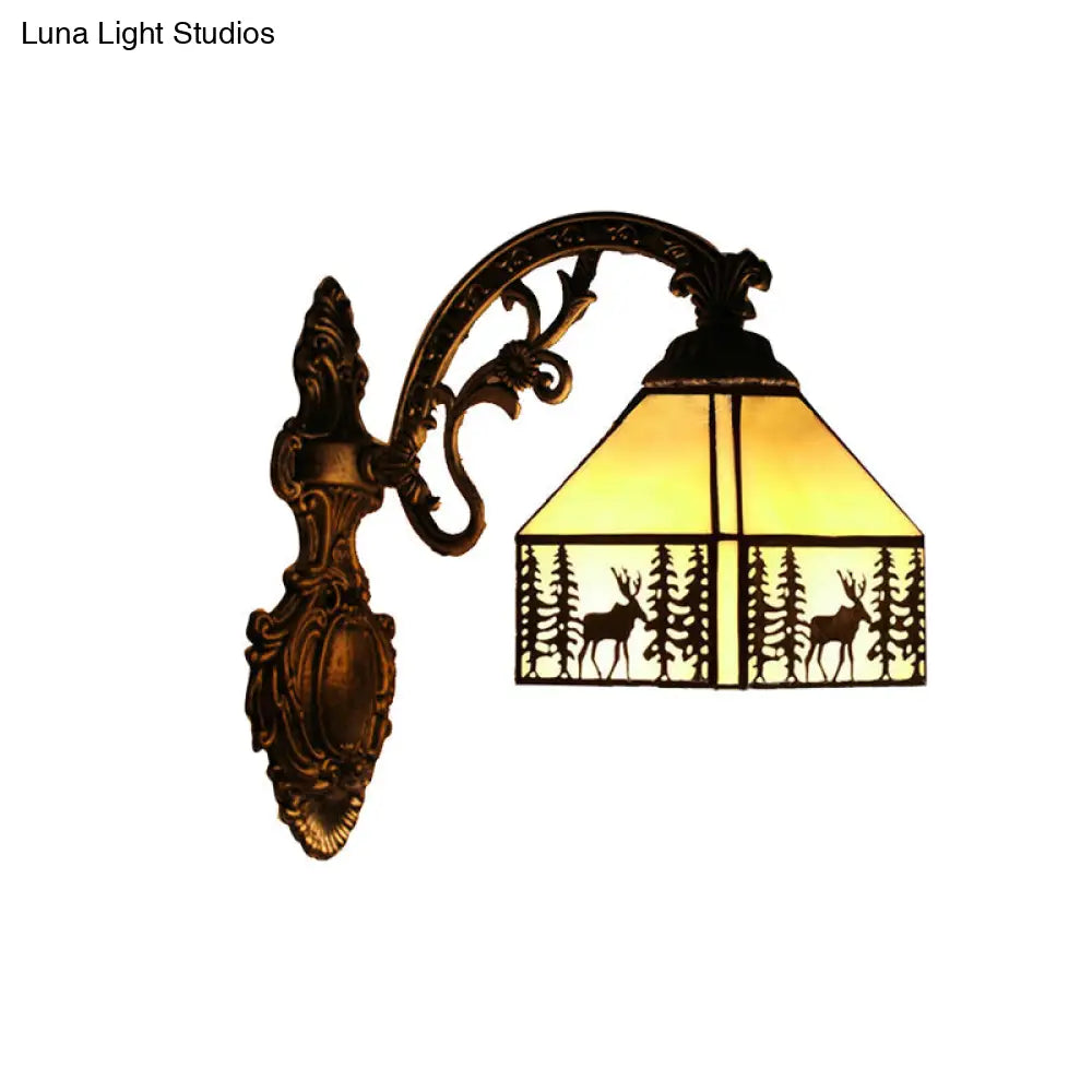 Rustic Forest Deer Wall Light With Lodge Shade - 1 Tiffany Sconce In Beige Ideal For Hotels