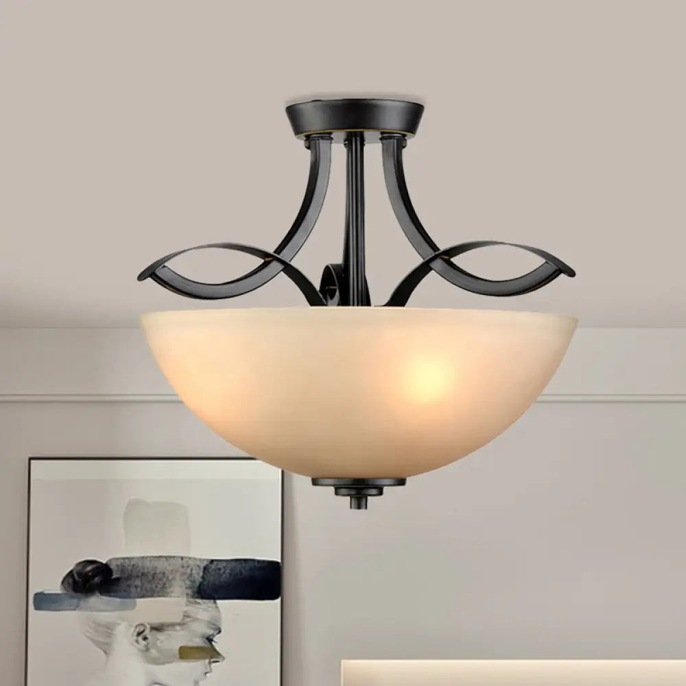Rustic Frosted Glass Ceiling Light: Black Semi Flush 3 - Bulb Bowl For Bedroom
