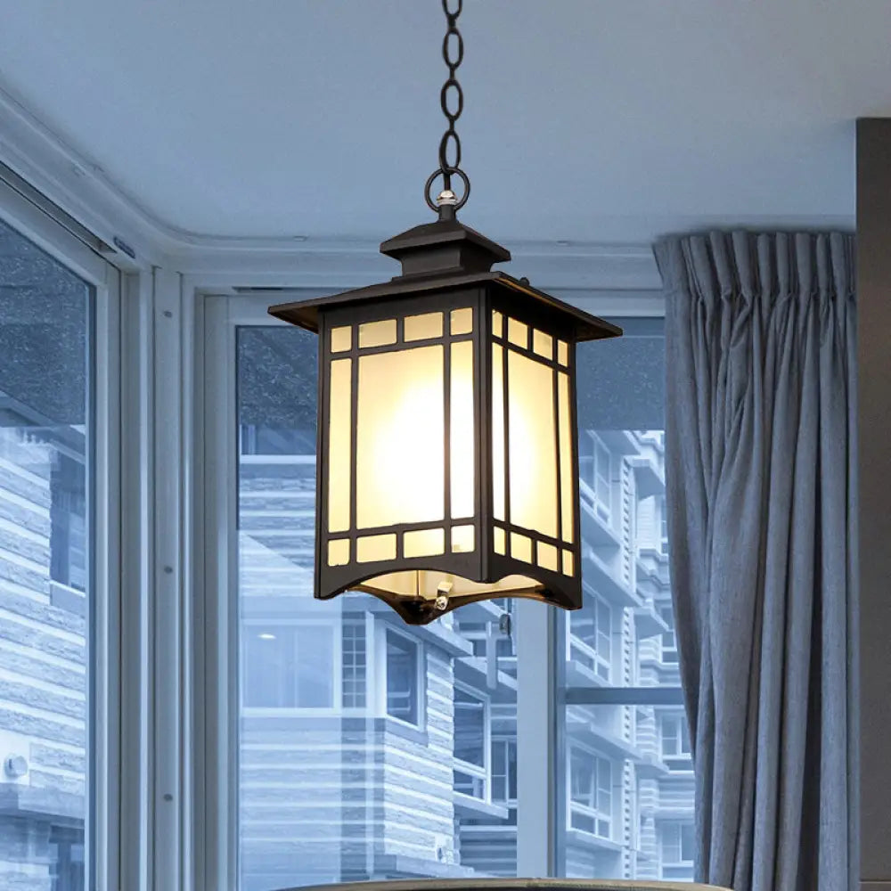 Rustic Frosted Glass Pendant Light With Black Finish & Open Bottom For Courtyard