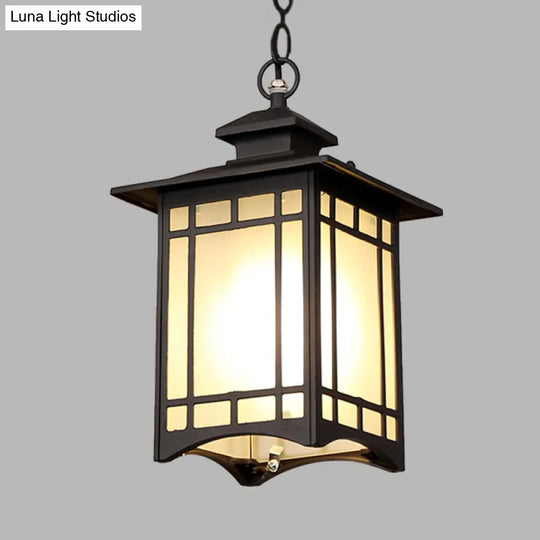 Rustic Frosted Glass Pendant Light With Black Finish & Open Bottom For Courtyard