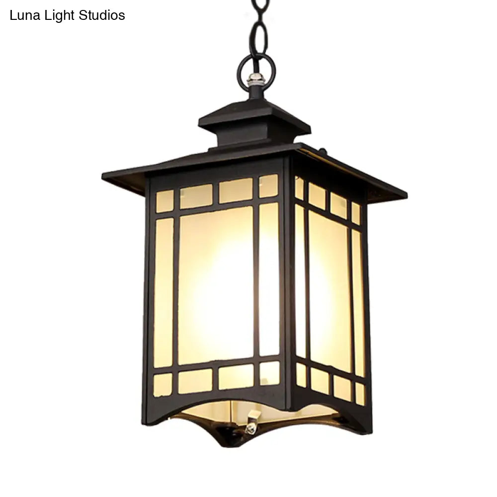 Rustic Frosted Glass Pendant Light With Black Finish & Open Bottom For Courtyard