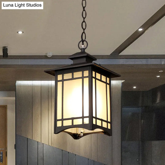 Rustic Frosted Glass Pendant Light With Black Finish & Open Bottom For Courtyard