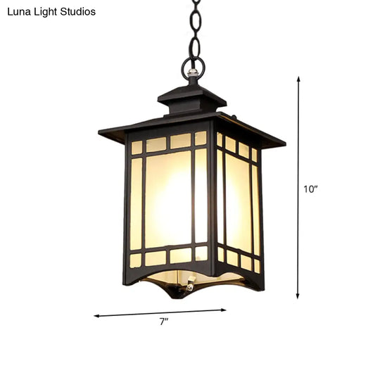 Rustic Frosted Glass Pendant Light With Black Finish & Open Bottom For Courtyard