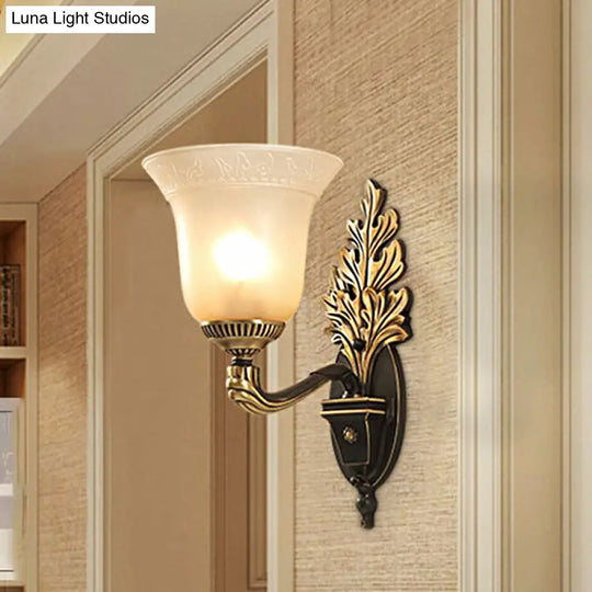 Rustic Frosted Glass Sconce: Bell Bedroom Light Fixture With Carved Black-Gold Wall Arm