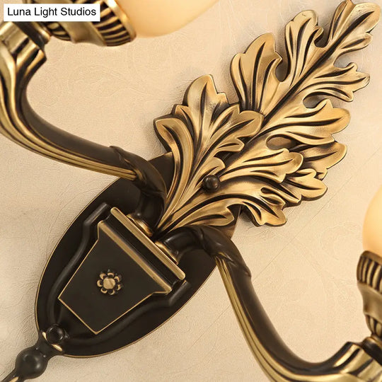 Rustic Frosted Glass Sconce: Bell Bedroom Light Fixture With Carved Black-Gold Wall Arm