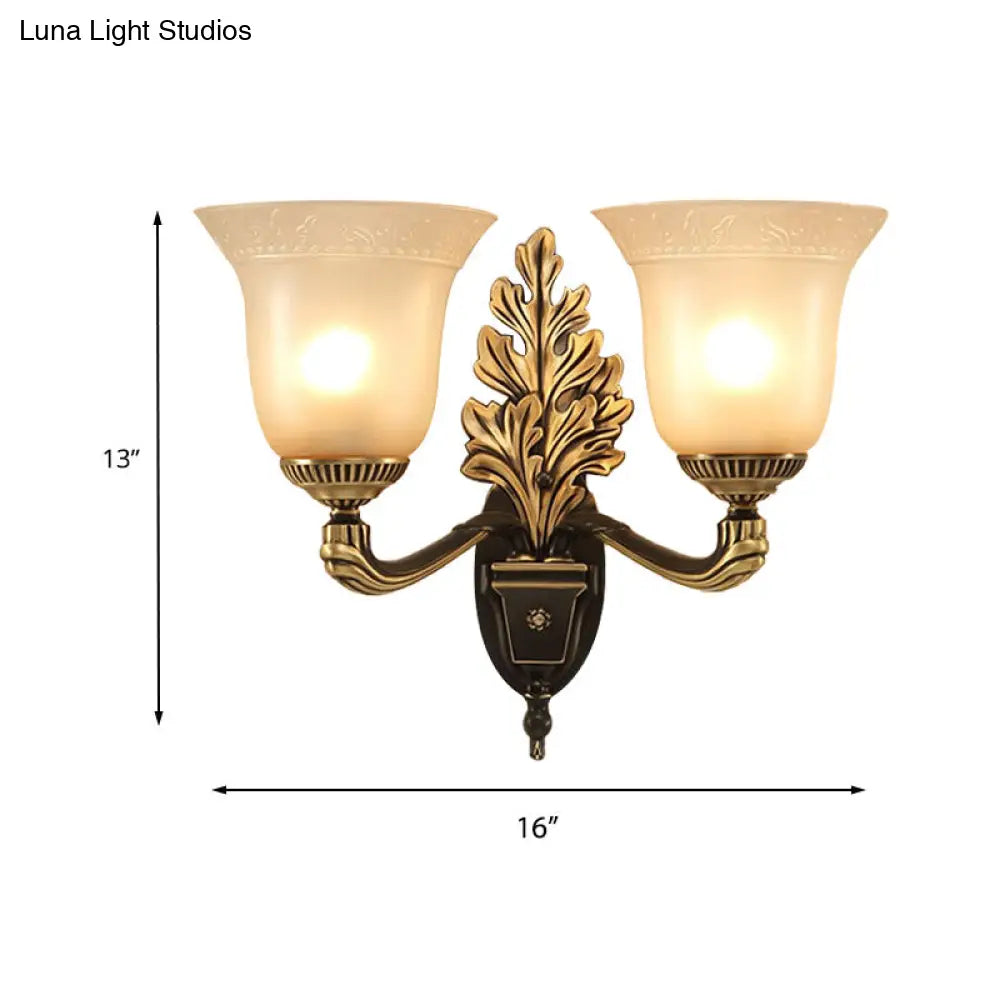 Rustic Frosted Glass Sconce: Bell Bedroom Light Fixture With Carved Black-Gold Wall Arm