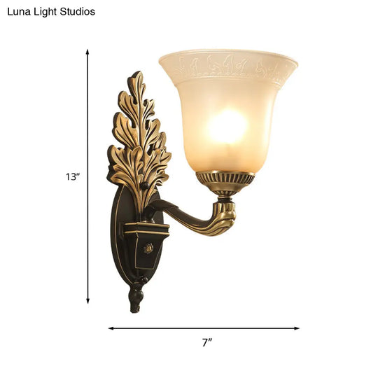 Rustic Frosted Glass Sconce: Bell Bedroom Light Fixture With Carved Black-Gold Wall Arm