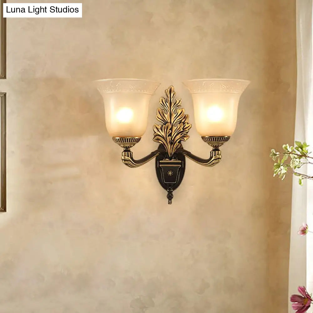 Rustic Frosted Glass Sconce: Bell Bedroom Light Fixture With Carved Black-Gold Wall Arm