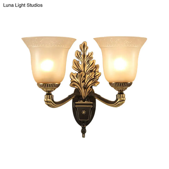 Rustic Frosted Glass Sconce: Bell Bedroom Light Fixture With Carved Black-Gold Wall Arm