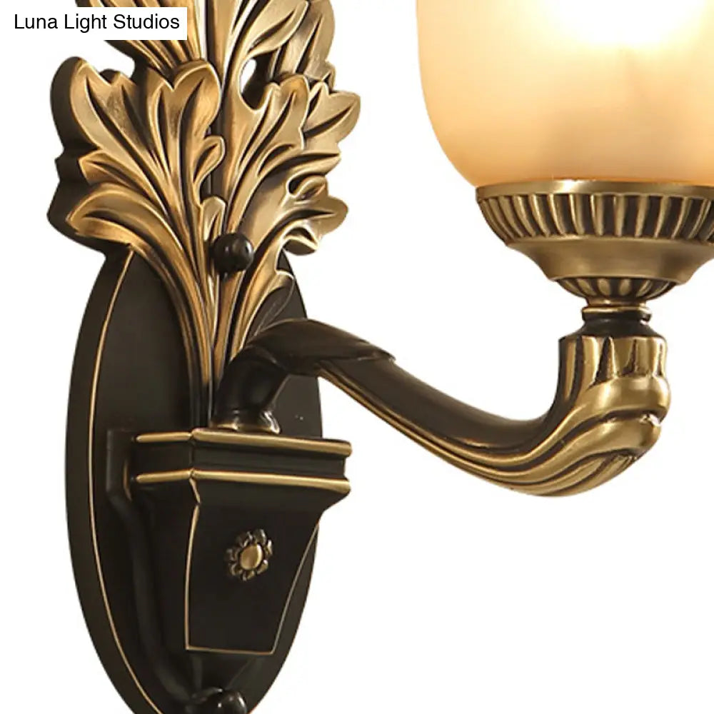 Rustic Frosted Glass Sconce: Bell Bedroom Light Fixture With Carved Black-Gold Wall Arm