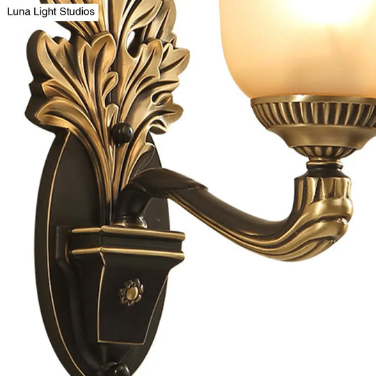 Rustic Frosted Glass Sconce: Bell Bedroom Light Fixture With Carved Black-Gold Wall Arm