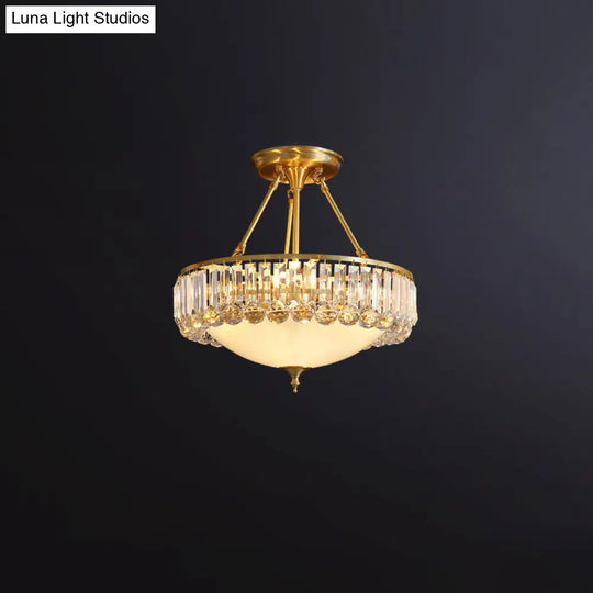 Rustic Frosted Glass Semi Flush Mount Ceiling Light Fixture With Crystal Side - 4 Lights Brass