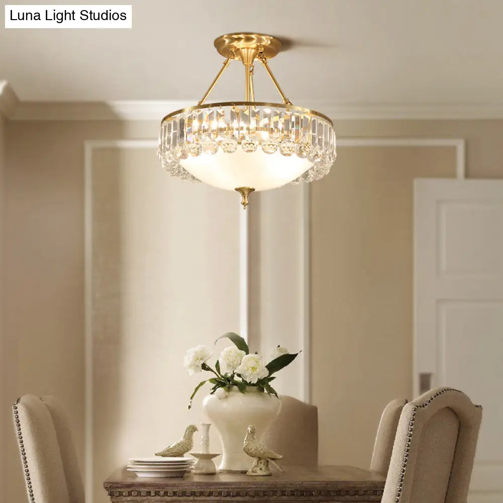 Rustic Frosted Glass Semi Flush Mount Ceiling Light Fixture With Crystal Side - 4 Lights