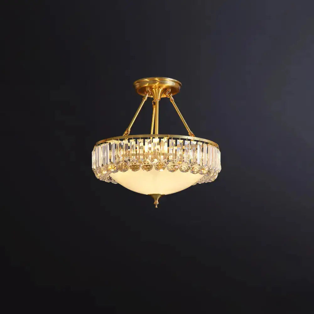 Rustic Frosted Glass Semi Flush Mount Ceiling Light Fixture With Crystal Side - 4 Lights Brass