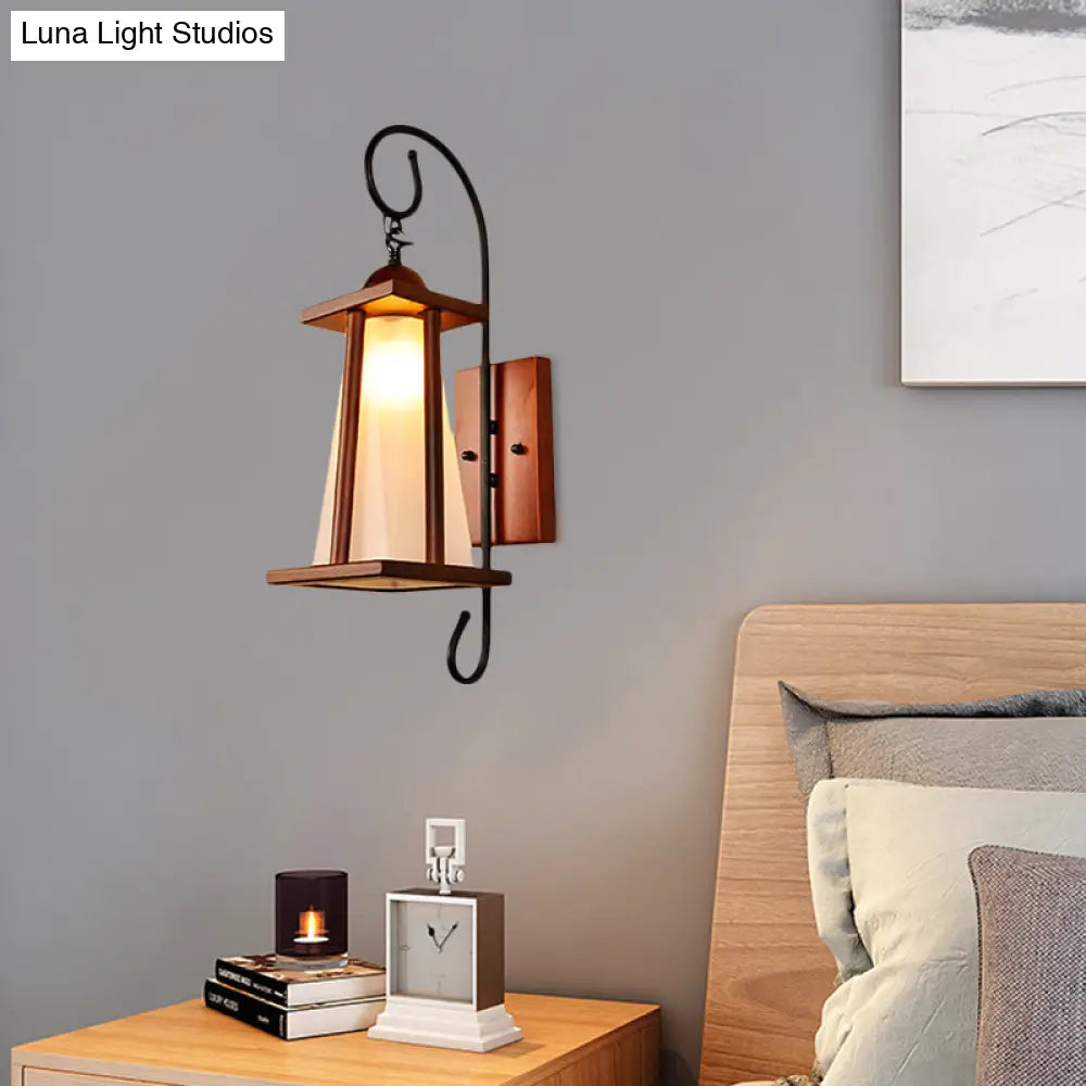 Rustic Frosted Glass Wall Light With Wood Frame - Trapezoid Bedroom Lighting