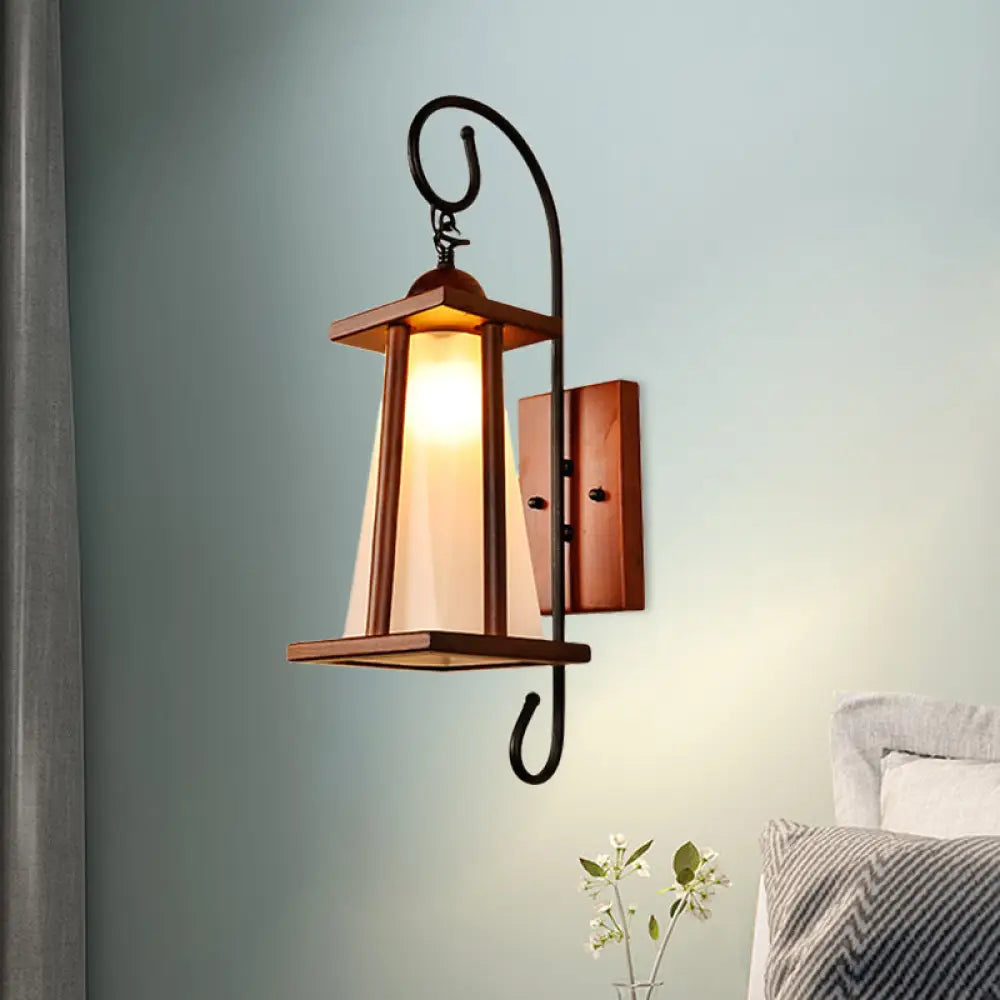 Rustic Frosted Glass Wall Light With Wood Frame - Trapezoid Bedroom Lighting Brown