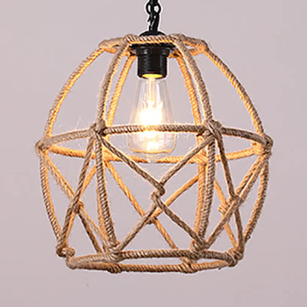 Rustic Geometric Cage Pendant Light With Rope - Perfect For Restaurant Ceiling In Beige
