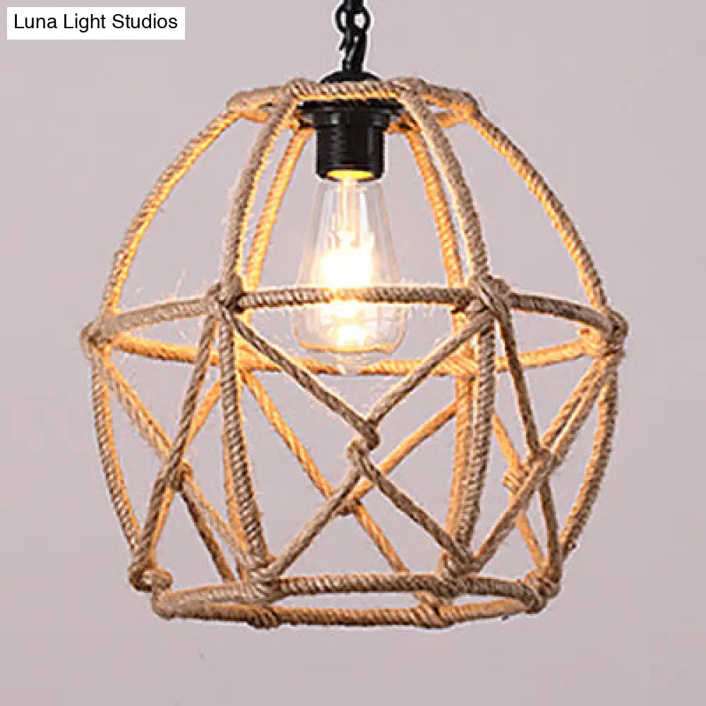 Rustic Geometric Cage Pendant Light With Rope - Ideal For Restaurants And Ceilings Beige