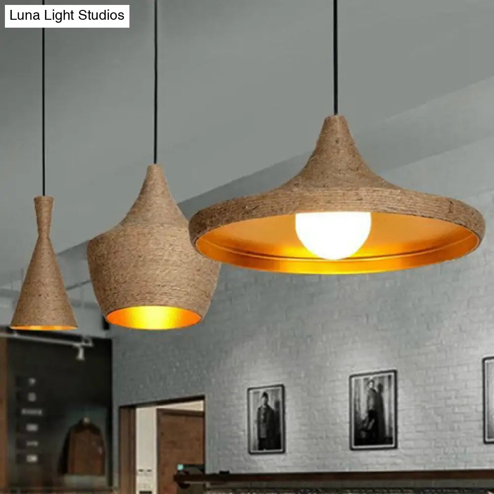 Retro Hemp Rope Geometric Pendant Ceiling Light - Brown Single Suspension For Restaurants