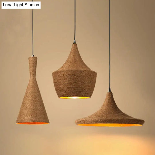 Retro Hemp Rope Geometric Pendant Ceiling Light - Brown Single Suspension For Restaurants