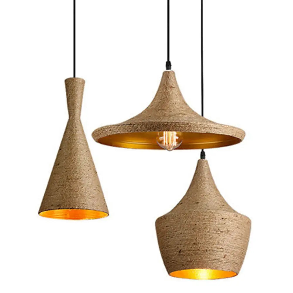 Rustic Geometric Hemp Rope Pendant Ceiling Light For Restaurants Brown / C