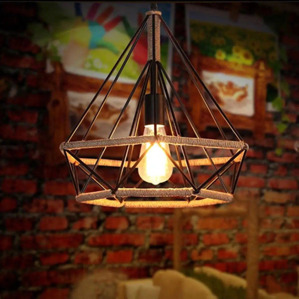 Rustic Geometric Hemp Rope Pendant Light With Single Bulb - Ideal For Restaurants Black Fixture / A