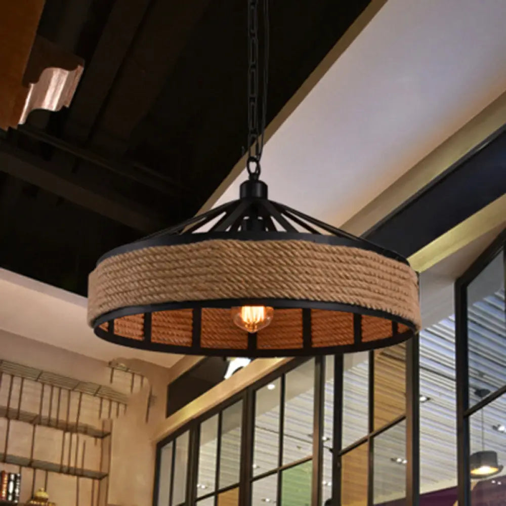 Rustic Geometric Hemp Rope Pendant Light With Single Bulb - Ideal For Restaurants Black Fixture / B