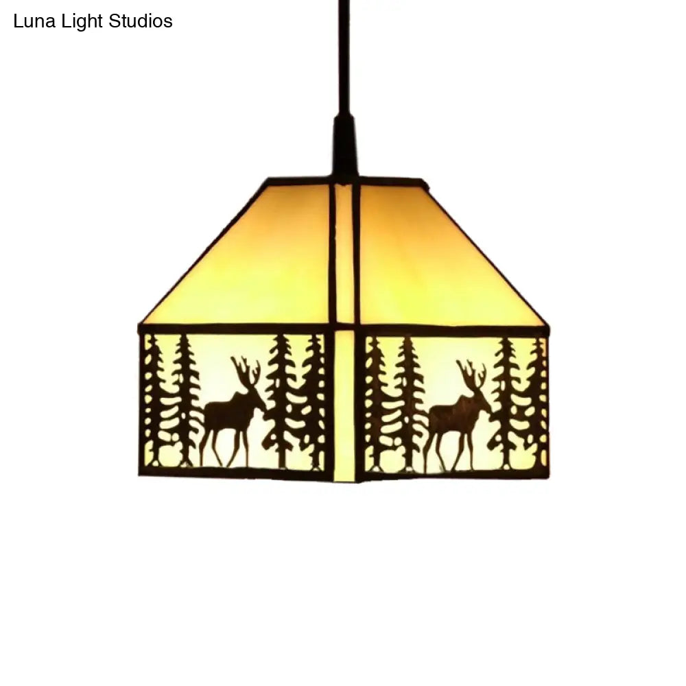 Rustic Glass Ceiling Light In Beige With Deer Pattern - Perfect For Kitchen 1 Bulb House Hanging