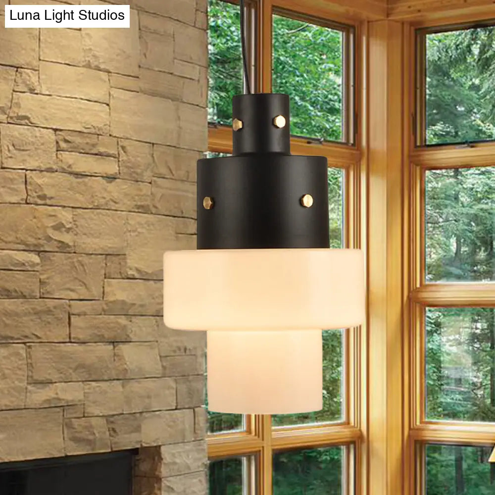 Rustic White Glass Cylinder Pendant Light For Living Room - Single Head Black Ceiling Fixture