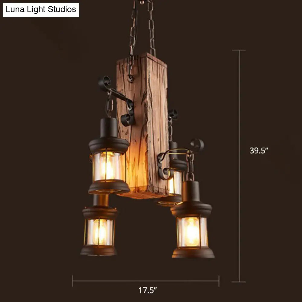 Rustic Wood Lantern Chandelier With Clear Glass Shades - Ideal For Restaurants