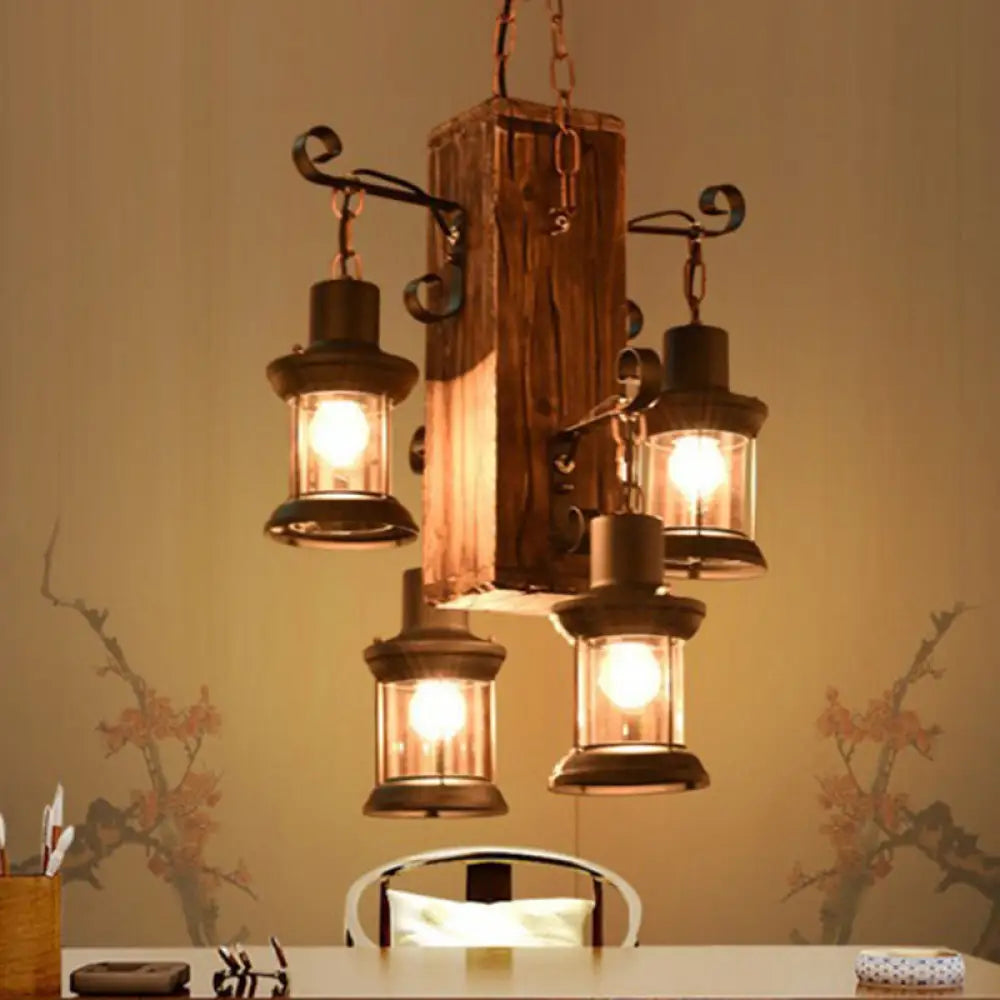 Rustic Glass Lantern Chandelier With 4 Wooden Heads For Restaurants Wood
