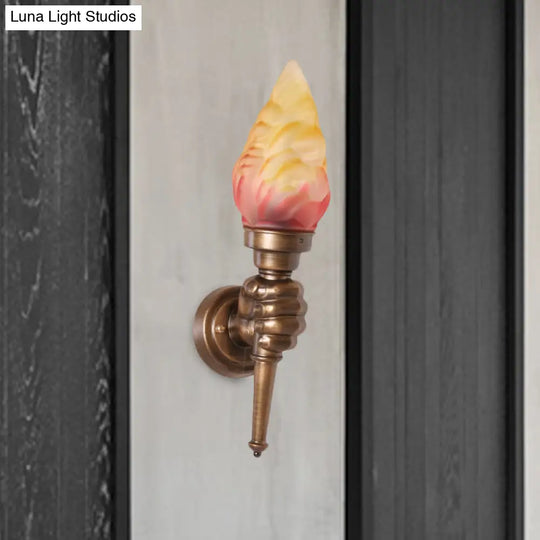 Rustic Glass Shade Wall Mount Torch Sconce Lighting In Bronze For Foyer