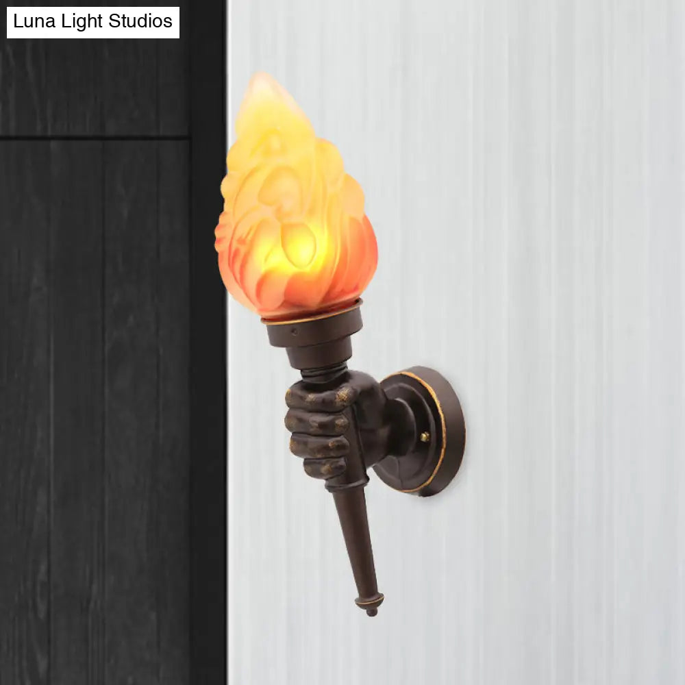 Rustic Glass Shade Wall Mount Torch Sconce Lighting In Bronze For Foyer