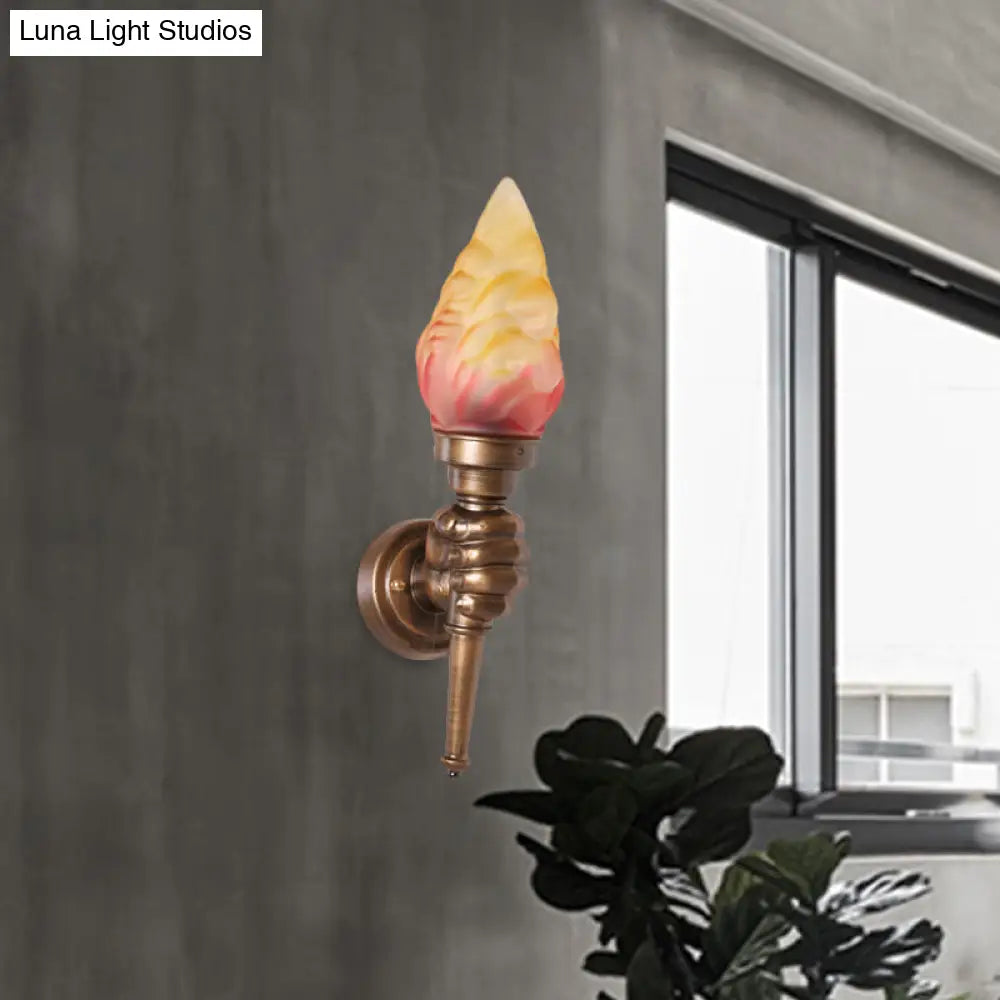 Rustic Glass Shade Wall Mount Torch Sconce Lighting In Bronze For Foyer