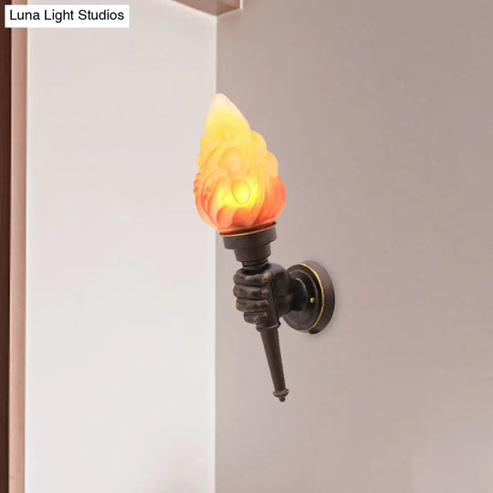 Rustic Glass Shade Wall Mount Torch Sconce Lighting In Bronze For Foyer