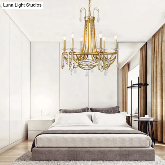 Rustic Gold Candelabra Chandelier With Crystal Pendant 6 Lights - Perfect For Living Room