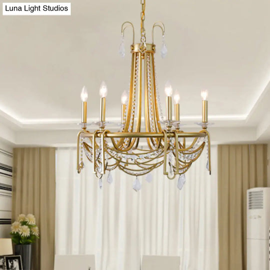 Rustic Gold Candelabra Chandelier With Crystal Pendant 6 Lights - Perfect For Living Room