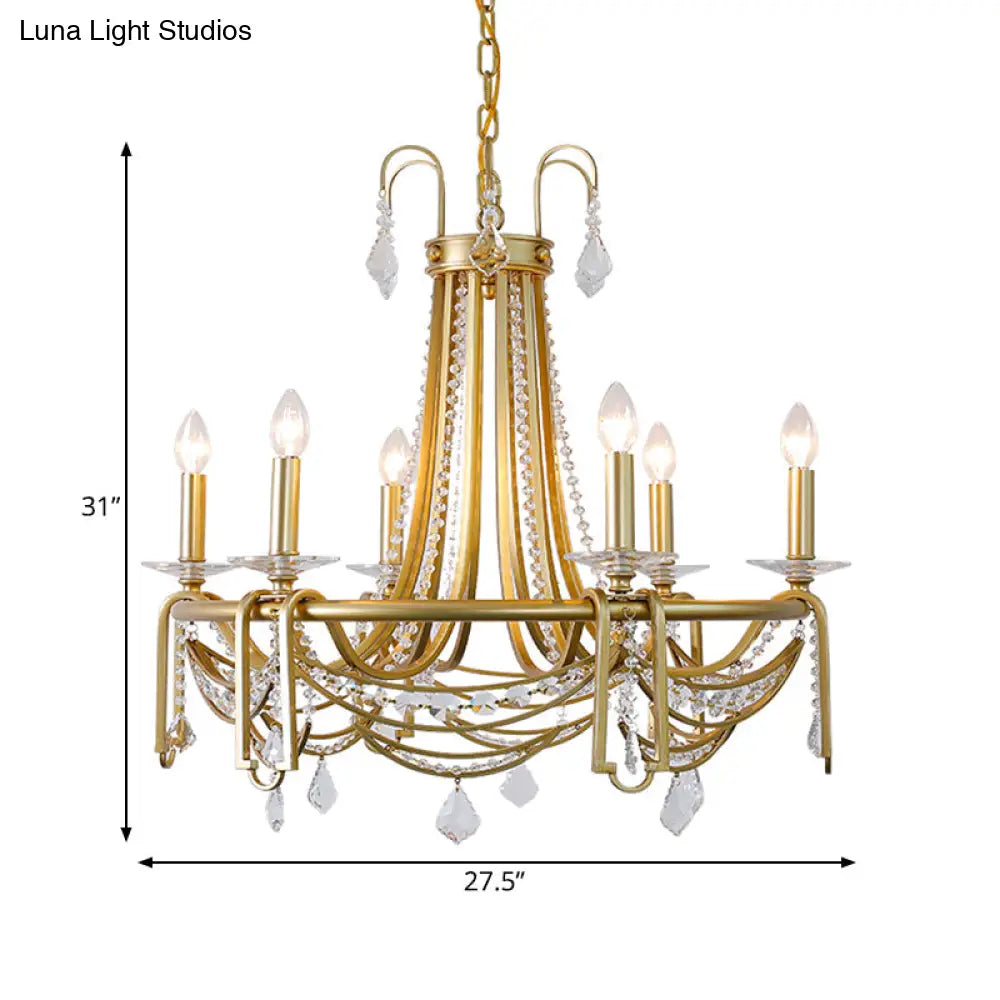 Rustic Gold Candelabra Chandelier With Crystal Pendant 6 Lights - Perfect For Living Room