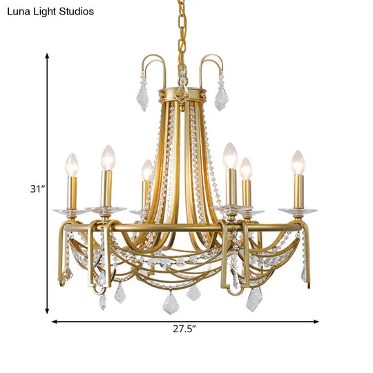 Rustic Gold Candelabra Chandelier With Crystal Pendant 6 Lights - Perfect For Living Room