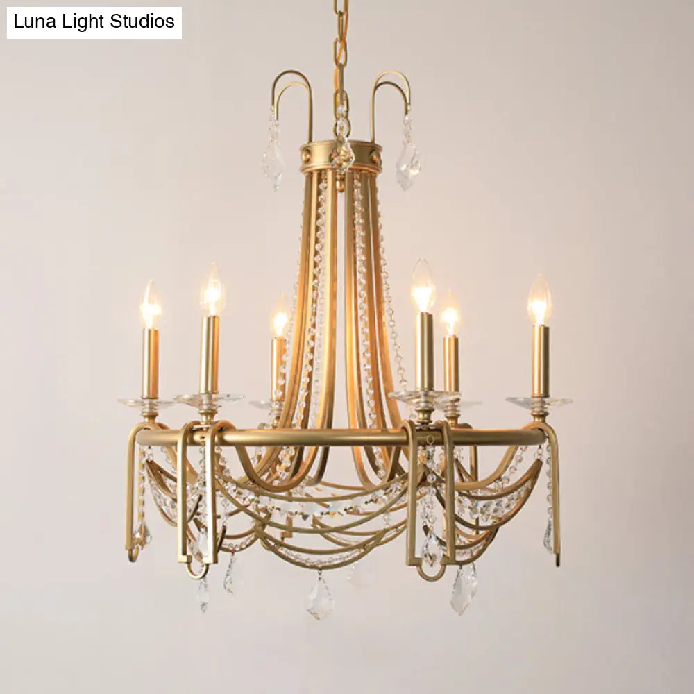 Rustic Gold Candelabra Chandelier With Crystal Pendant 6 Lights - Perfect For Living Room