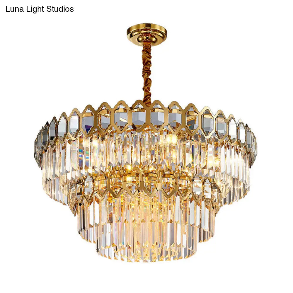 Rustic Gold Chandelier With Crystal Rod Shade - 8 Heads Ceiling Hanging Light Fixture For Dining