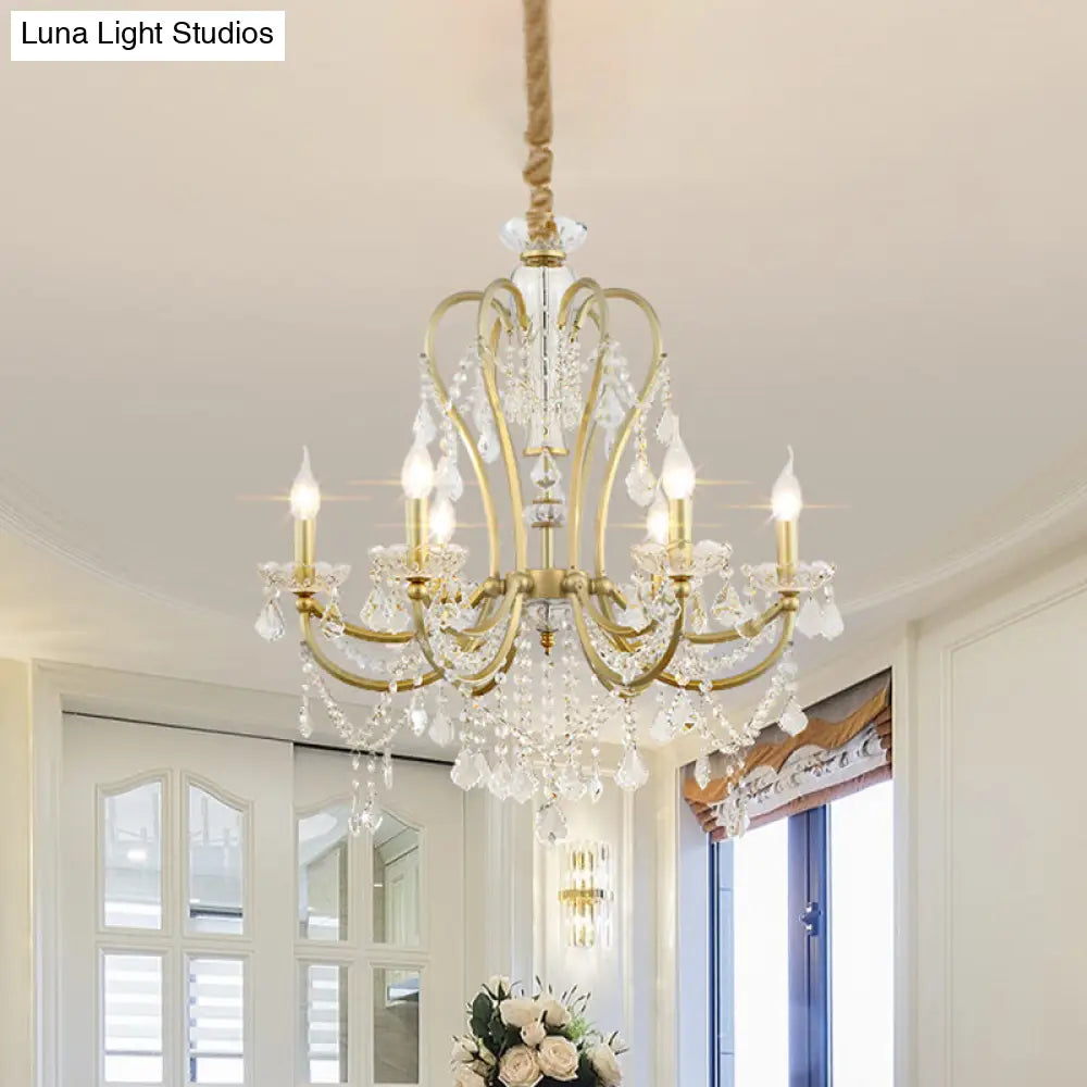 Rustic Gold Crystal Candlestick Chandelier - 4/6 Heads Bedroom Suspension Light